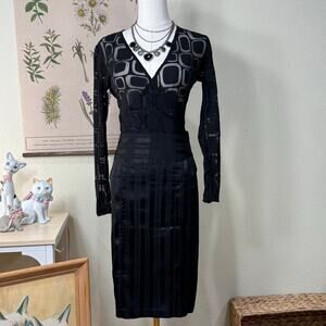 Y2k Black Satin Striped Lace Up Back Pencil Skirt Office Siren Corporate Goth 1